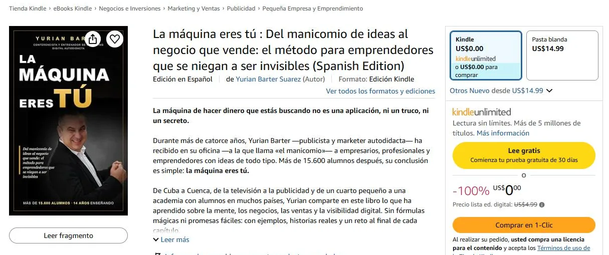 Captura de pantalla de la ficha oficial del libro La máquina eres tú, de Yurian Barter, en Amazon
