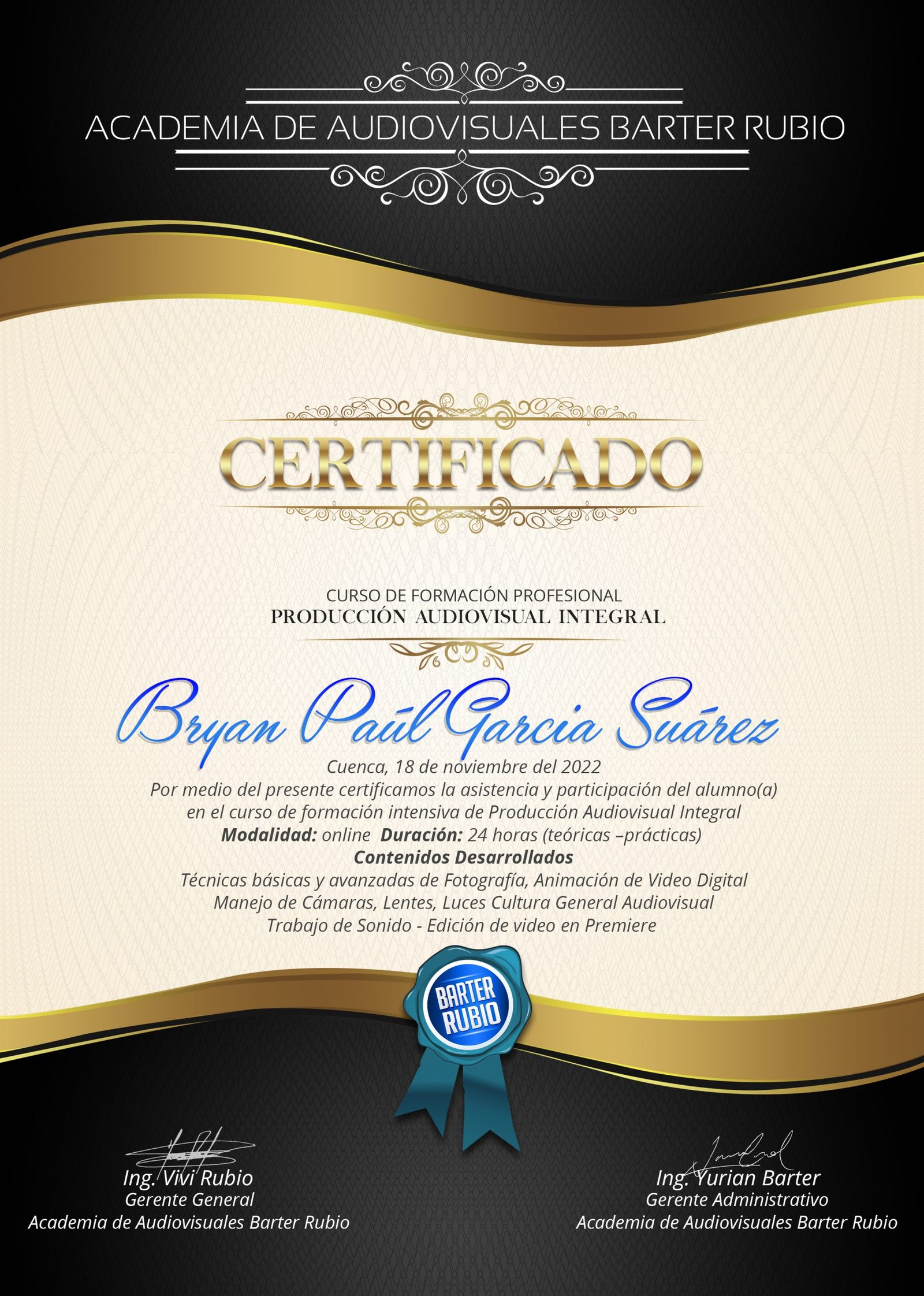 Certificado Curso Producción Audiovisual Academia Barter Rubio