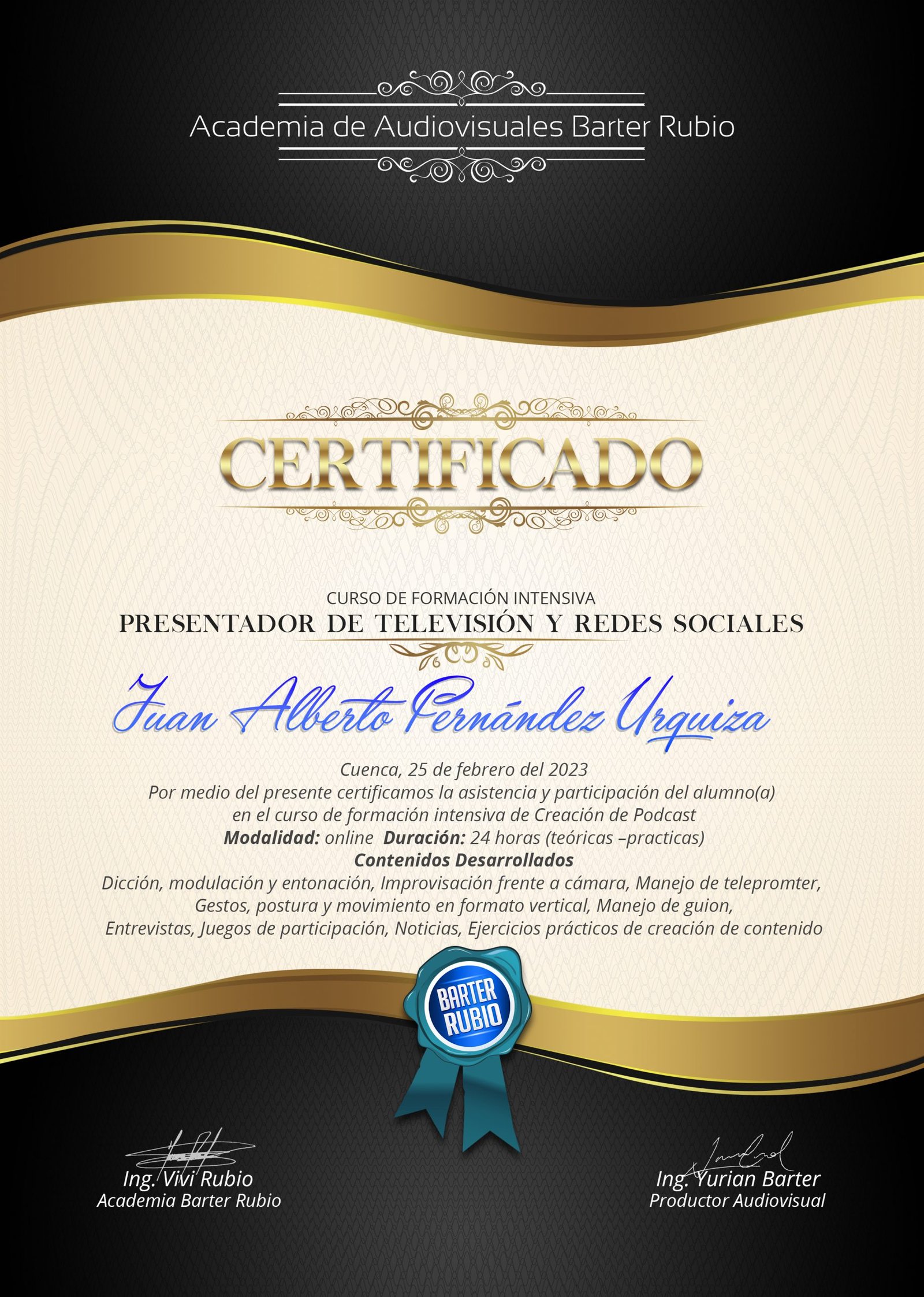 Certificado Curso de Presentador de Televisión y Redes Sociales