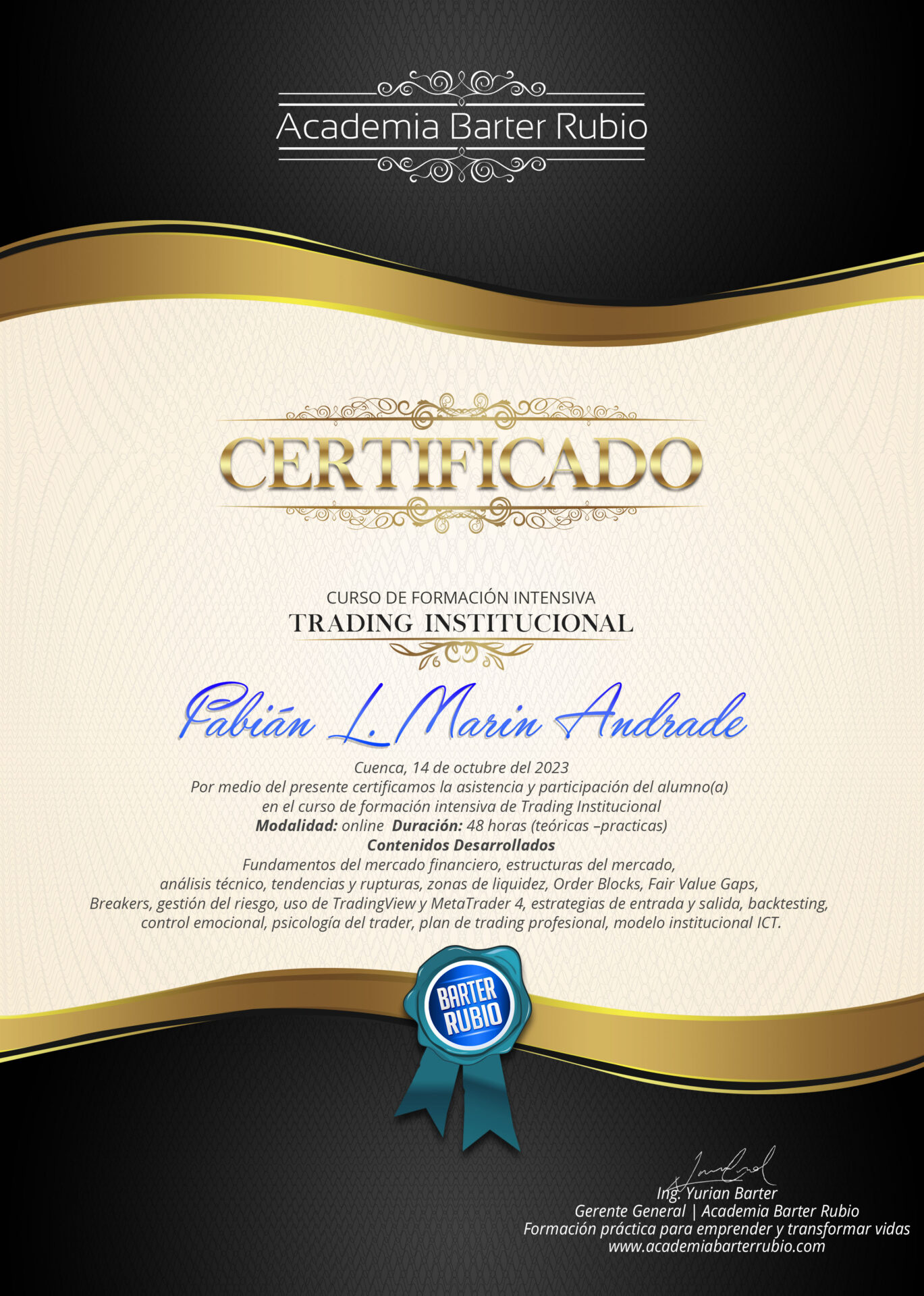Certificado del Curso de Trading Institucional