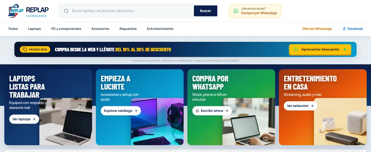 Página de inicio de laptopsquito.com, REPLAP Tecnología en Quito