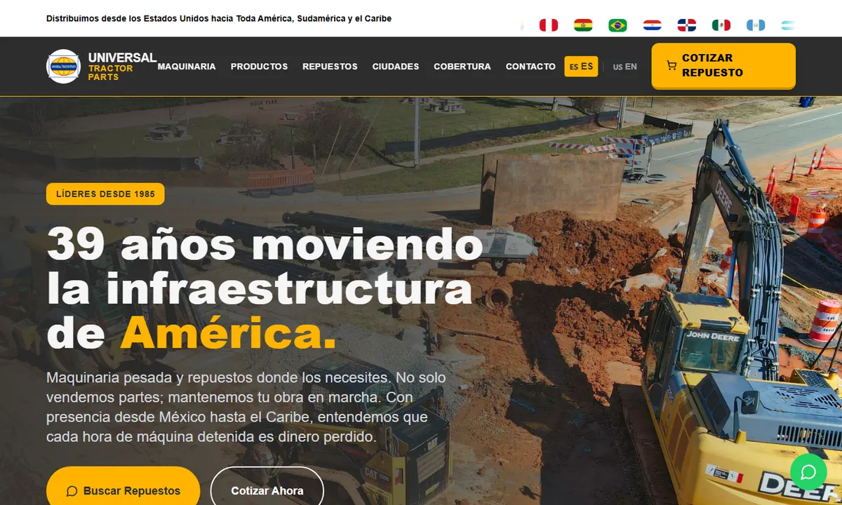 Página de inicio de universaltractorpartus.com, repuestos de maquinaria pesada